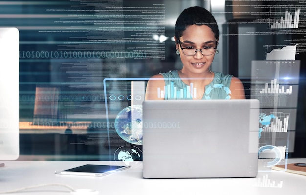 Laptop hologram hud working and woman review finance chart stock market database or futuristic night overlay Forex investment online data analysis or African trader trading NFT bitcoin or crypto