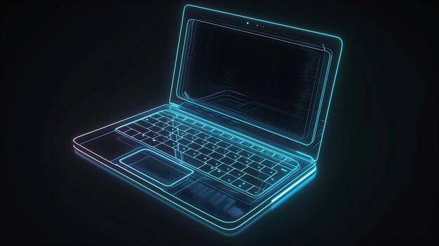 Photo laptop icon glowing blue lines on a black background 3d illustration