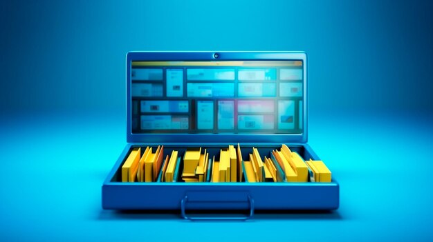 Laptop illustration with file drawer data stores concept blue background generative ai illustrator