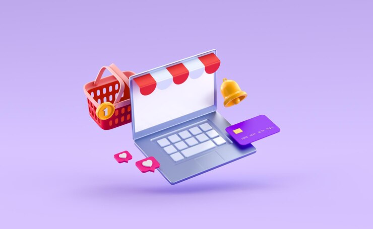 Laptop in de vorm van een winkel met een bankkaart winkelwagentje online marktconcept Handelsmetafoor die het concept van winkelen verkoop commerciële en moderne levensstijl 3d render onthult