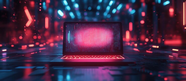Laptop in een futuristische digitale omgeving