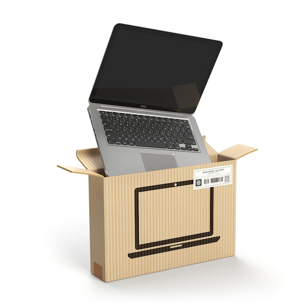 Laptop in kartonnen kartonnen doos E-commerce internet online winkelen en leveringsconcept