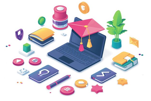 Photo a laptop is adorned with a graduation cap symbolizing academic achievement and success gamified learning environment with badges and rewards ai generated