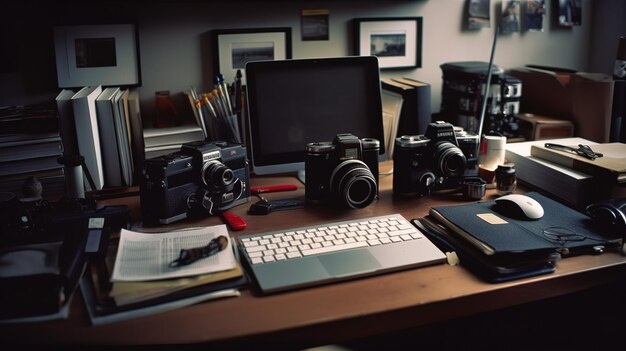 A laptop is on a desk with a camera on it.