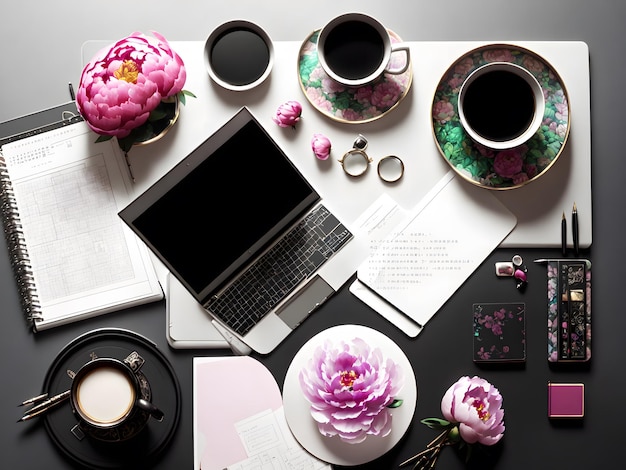 A laptop is on a desk with a flower on it and a cup of coffee on the table.