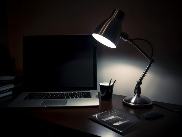 Photo a laptop is on a desk with a lamp on it.