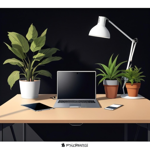 A laptop is on a desk with a plant on it.