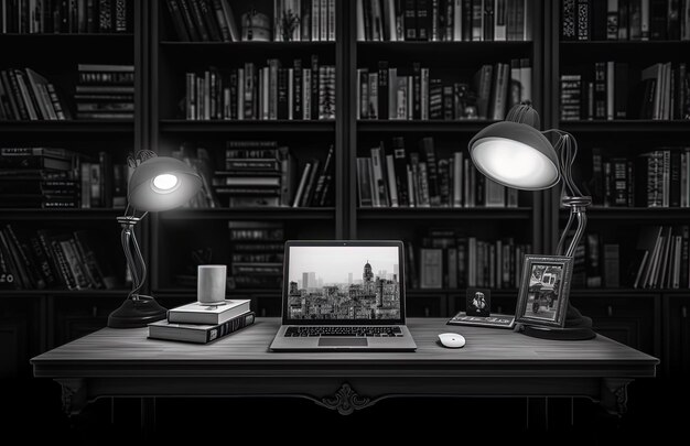 a laptop is open and on a desk with bookshelves and a lamp