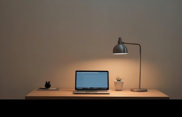 a laptop is open and on a desk with a lamp on it