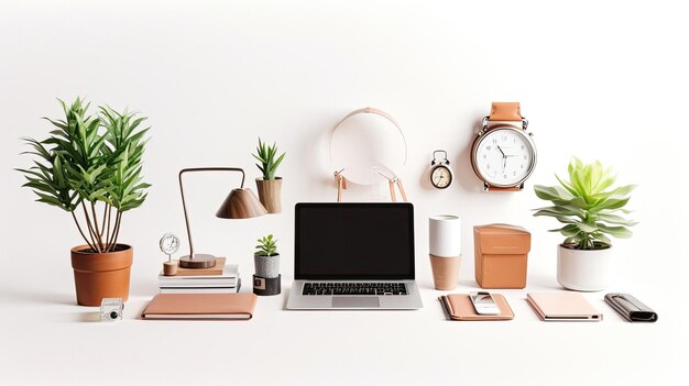 a laptop is open to a display of plants and a clock.