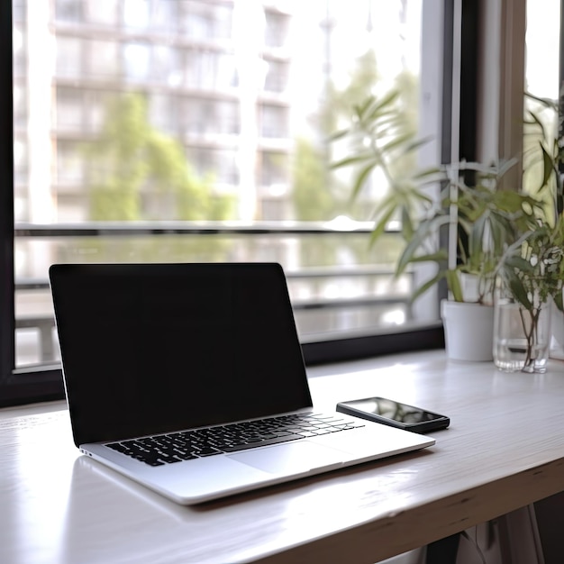 A laptop is open and is on a desk with a phone and a plant on the window sill.