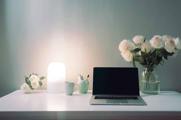 A laptop is open and is on a desk with a vase of flowers.