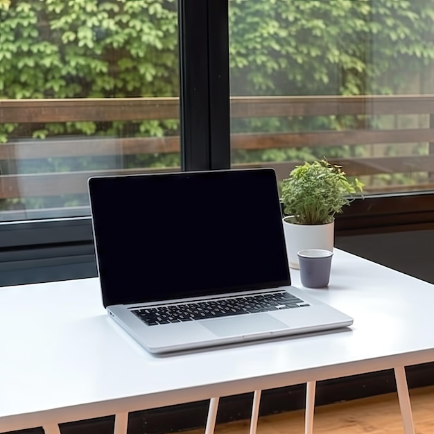 A laptop is open and is on a white table in front of a window.