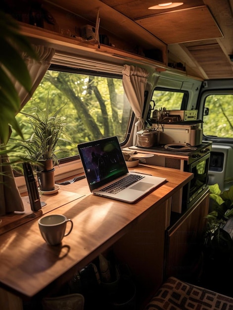 A laptop is open and on a table in a camper van