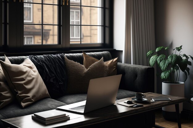 A laptop is set on a contemporary table next to a black sofa