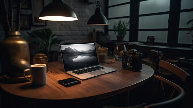 A laptop is on a table with a camera and a camera on it.