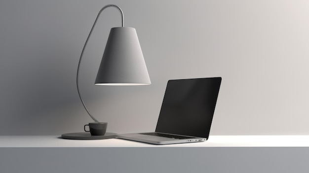 A laptop is on a table with a lamp shade that says the word on it