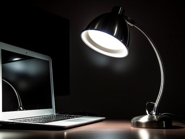 A laptop is turned on and a lamp is on a desk.