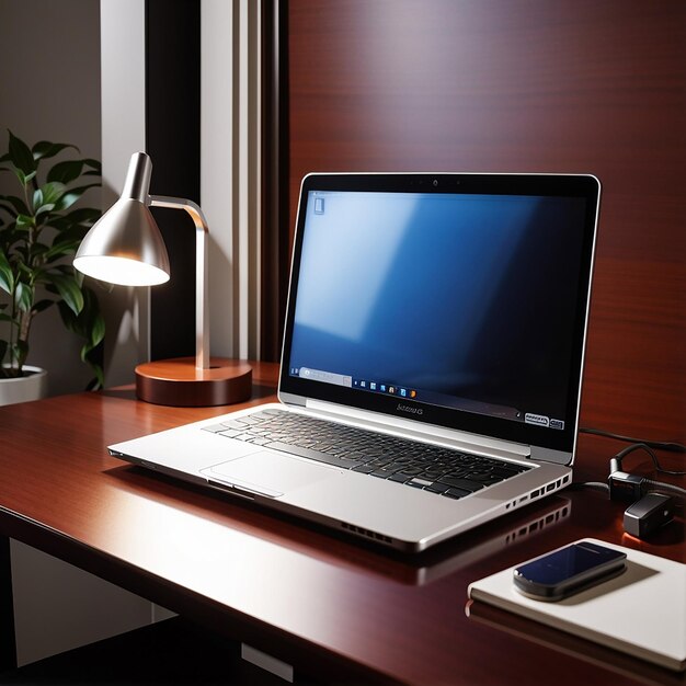 A laptop its screen glowing in the darkness resting on a wooden table surrounded by books