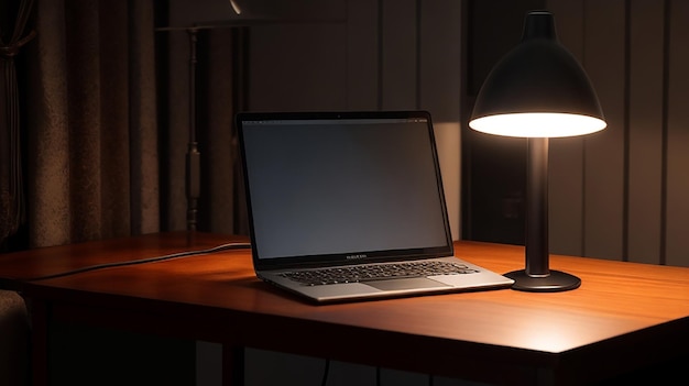 A laptop its screen glowing in the darkness resting on a wooden table surrounded by books