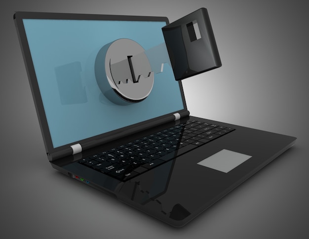 Laptop and key, security concept. 3d illustration