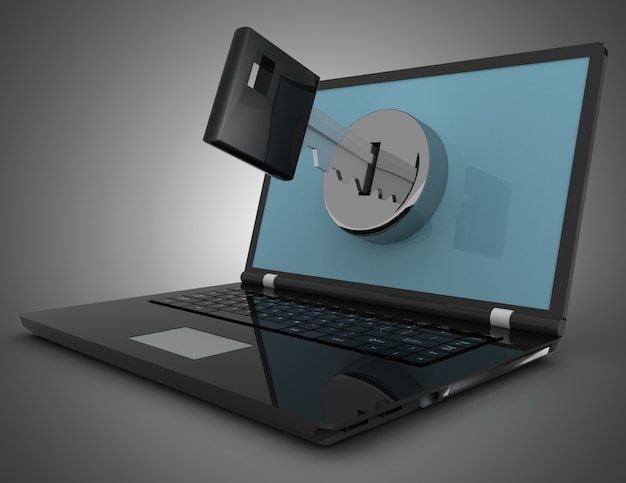 Computer portatile e chiave, concetto di sicurezza. illustrazione 3d