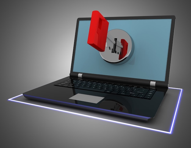 노트북 및 키, 보안 개념. 3D 그림