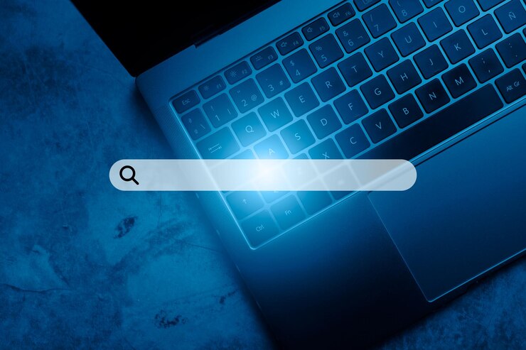 Photo laptop keyboard top view with vr search bar seo browser technology concept of searching