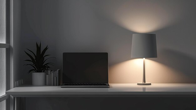 a laptop and a lamp on a table with a plant in the corner