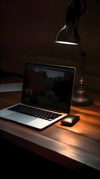 Photo laptop and lamp on a wooden table in a dark room