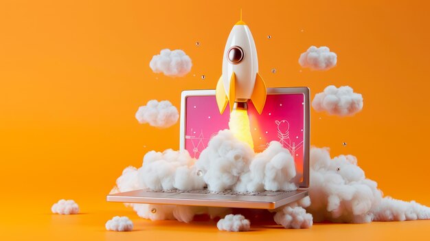 Foto laptop lanceert een raketmodel met wolken tegen een levendige oranje achtergrond