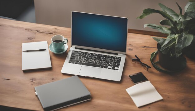 a laptop and a laptop on a wooden table with a coffee mug on the table