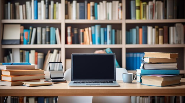 Laptop on a library table Educational learning concept