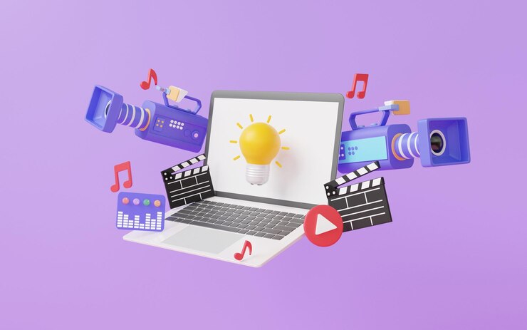 laptop light bulb idea creative quality content streaming movie camera video editing 3d render
