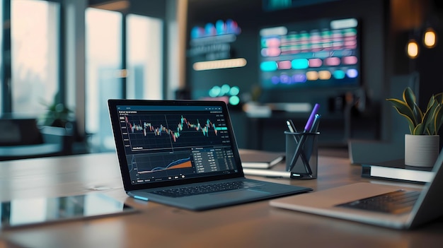 Laptop met aandelenmarktgrafiek op het scherm Financiële handelsconcept