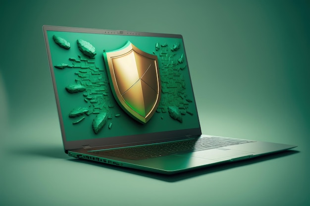 Laptop met antivirusschild op scherm veilig browsen concept groene achtergrond Generatieve AI