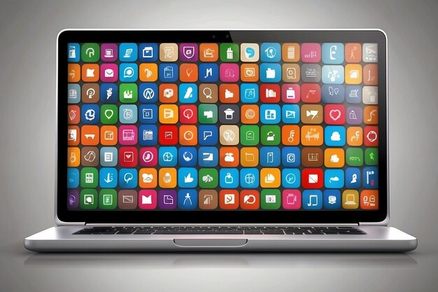 Foto laptop met apps iconen op het scherm technologie en communicatie concept