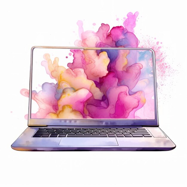 Laptop met aquarel verf spatten geïsoleerd op een witte achtergrond