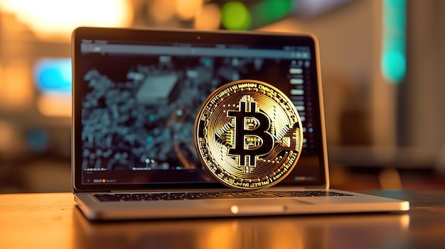 laptop met bitcoin erop