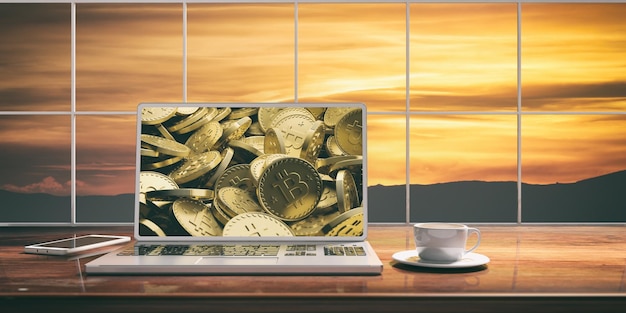 Foto laptop met bitcoins scherm op een bureau wazig zonsondergang achtergrond 3d illustratie