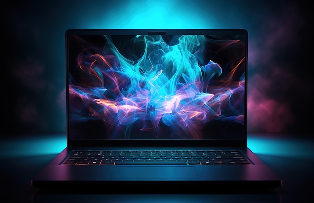 Foto laptop met blauwe verlichting op een donkere achtergrond