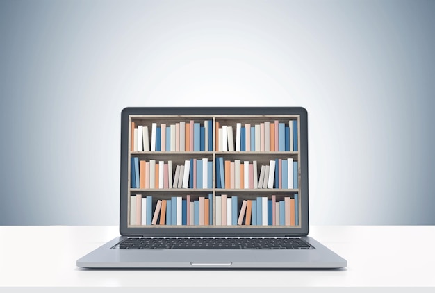 Laptop met boekenplanken op het scherm staat op een wit bureau. Een grijze muurachtergrond. 3D-rendering mock-up