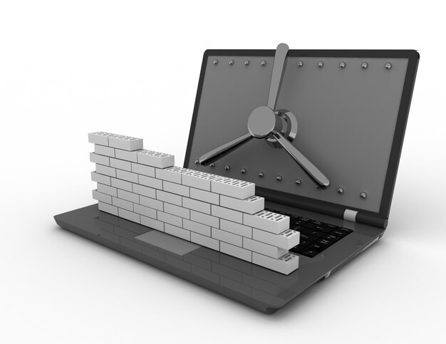 Laptop met combinatieslot en bakstenen muur. Firewall-concept.