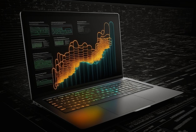 Laptop met data-analyse geïsoleerde zwarte achtergrond generatieve ai