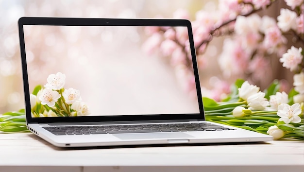 Laptop met delicate voorjaarsbloemen behang op tafel in een bloeiende voorjaarsappelboomgaard Seizoensgebonden afstandswerk internetwinkelen voorjaarstijd AI gegenereerd