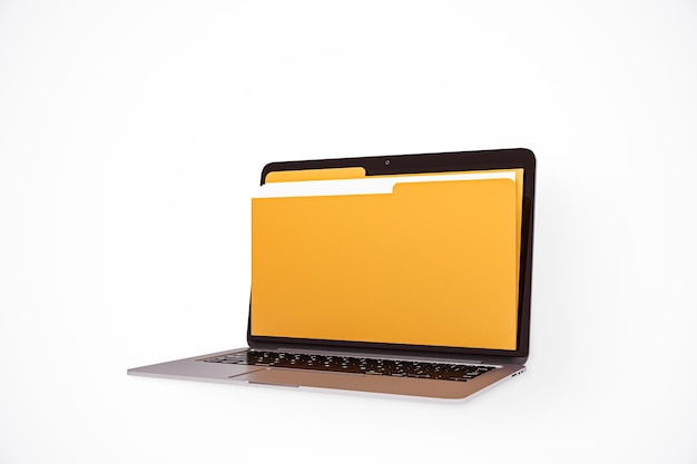 Laptop met een groot geel bestandsmap-icoon op het scherm op een witte achtergrond 3D-rendering