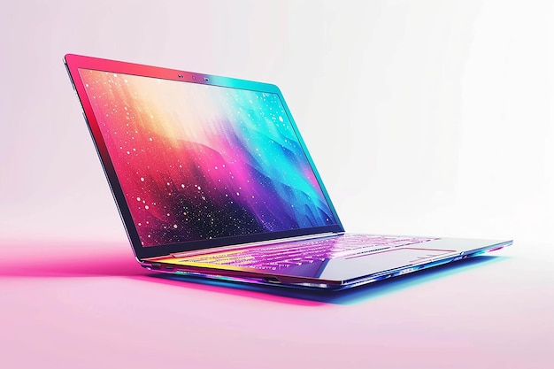 Laptop met een kleurrijk scherm en een lichte achtergrond in 3D gegenereerd door AI