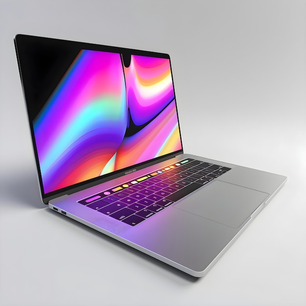 Foto laptop met een kleurrijk scherm op een grijze achtergrond 3d-weergave