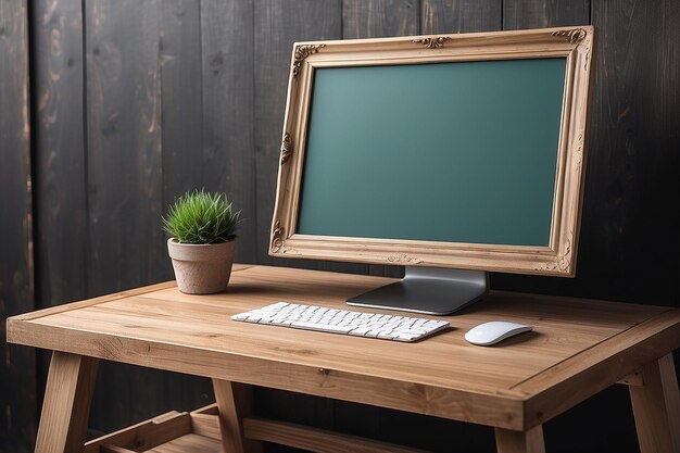 Laptop met een leeg frame op een houten tafel