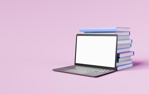 Laptop met een leeg scherm en een stapel notebooks
